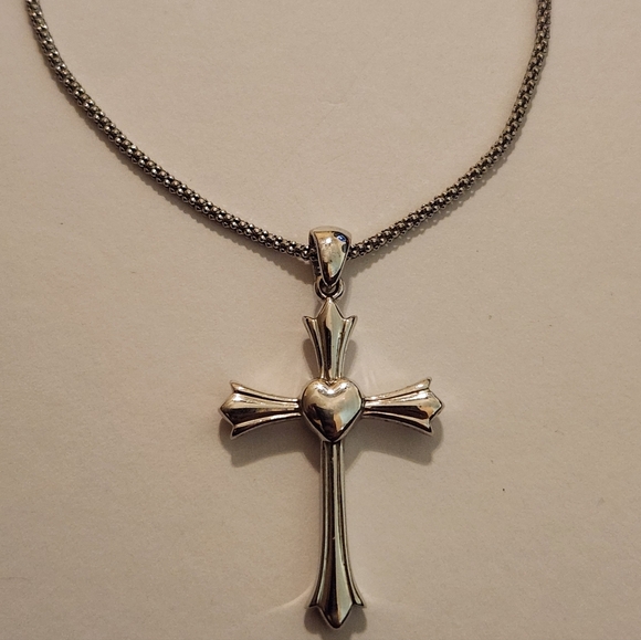 Sterling Silver Italian Popcorn Chain Cross Heart Pendant Necklace - Picture 4 of 11
